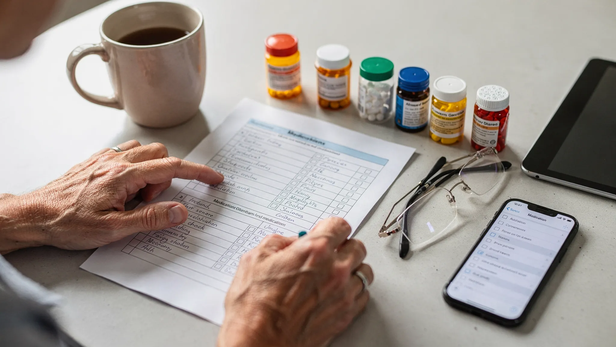 Organized medication bottles and notes